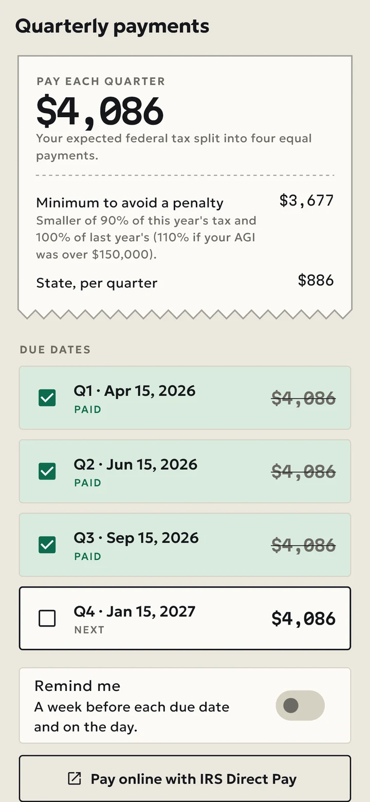 Quarterly payments with due dates and paid checkmarks